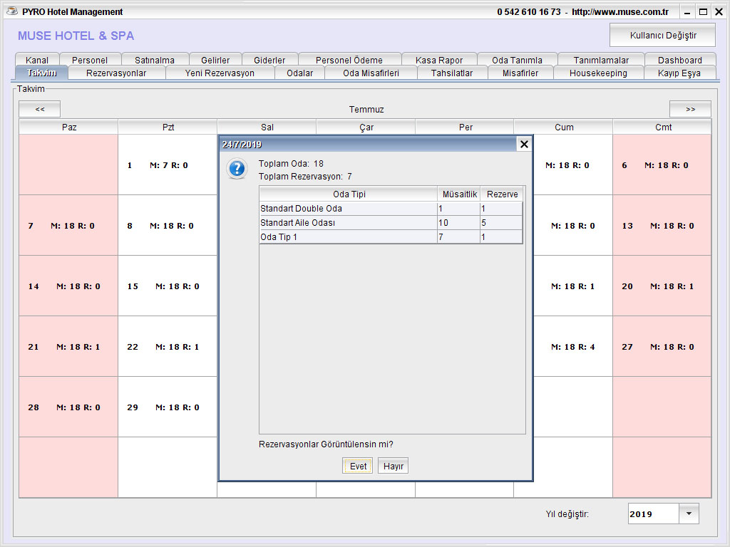 Otel Takvim Görünüm Rezervasyon