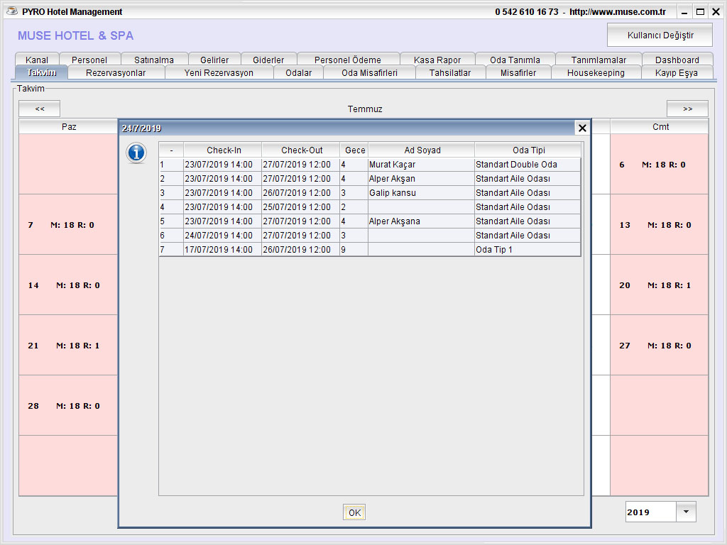 Otel Takvim Görünüm Rezervasyon